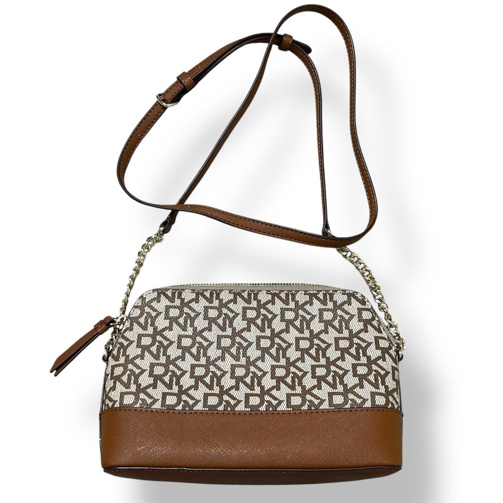 DKNY Bryant Park Dome Top Zip Crossbody Bag Purse Monogram Logo Tan Brown